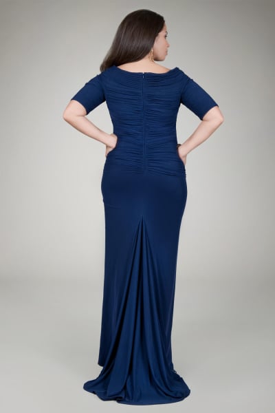 Asymmetric Ruched Sleeve Gown in Indigo