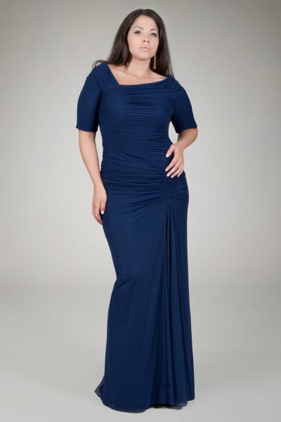 Asymmetric Ruched Sleeve Gown in Indigo