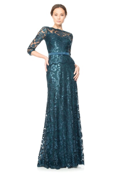  Paillette Embroidered Lace ¾ Sleeve Gown - PETITE