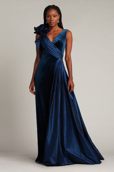 Barlowe Ruffled Shoulder Draped Gown