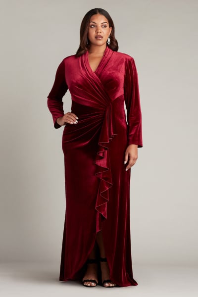 Markum Long-Sleeve Velvet Flounce Gown - PLUS SIZE