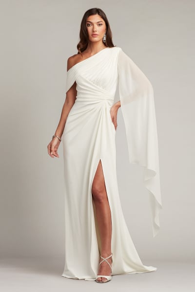 Quill Draped Cape Sleeve Gown