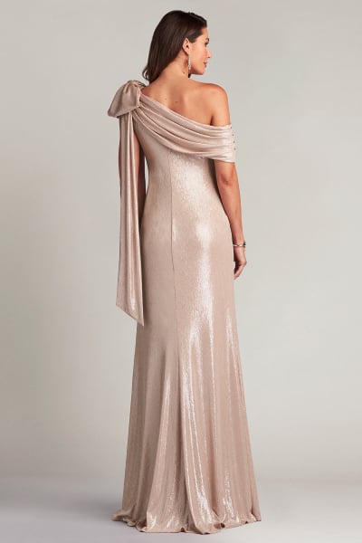 Valia Bow-Shoulder Lamé Gown