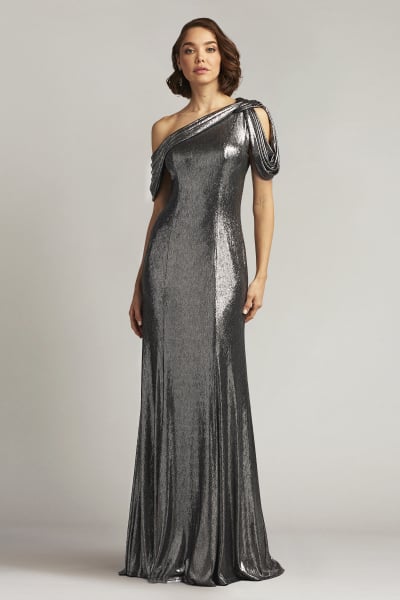 Copley Shoulder Drape Lamé Gown