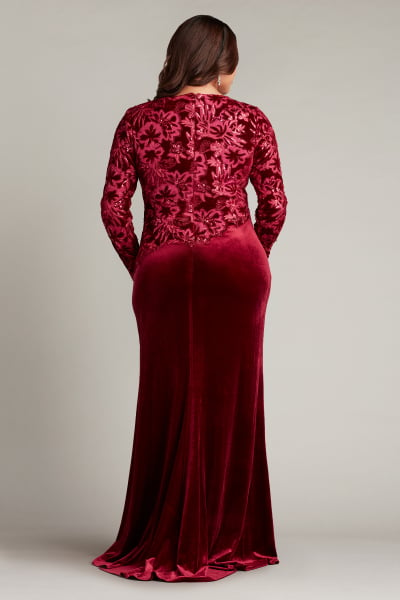 B233074 Sophisticated Stretch Velvet Gown with Mini Sleeves and