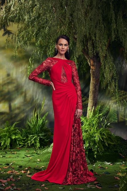 CRANBERRY TEXTURED CREPE AND WILD FLOWER EMBROIDERED TULLE DRAPED GOWN WITH LONG ILLUSION SLEEVES