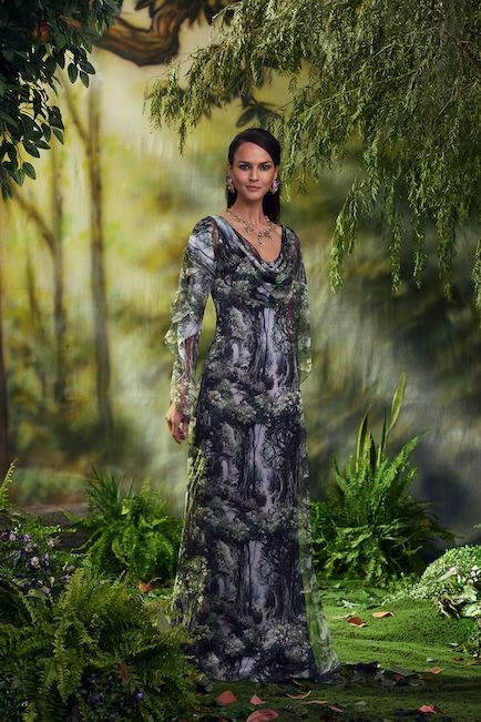 MOSS WOODLAND PRINT CHIFFON COWL DRAPED GOWN WITH LONG CASCADING SLEEVES
