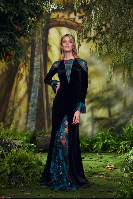 BLACK/EMERALD BLOOMING PAILLETTE EMBROIDERED TULLE AND CONTRAST VELVET GOWN WITH LONG FLOUNCE SLEEVES