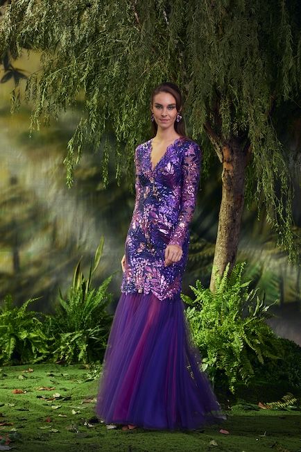 HYACINTH FOLIAGE PAILLETTE EMBROIDERED TULLE V-NECK MERMAID GOWN WITH LONG SLEEVES