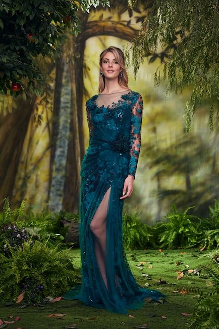 EMERALD/BLACK BLOOMING PAILLETTE EMBROIDERED TULLE LONG SLEEVE GOWN WITH DRAPED OVERLAY AND 3D FLORAL APPLIQUE DETAIL