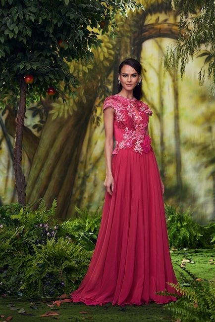 LOTUS PINK FOILED CHIFFON AND BLOOMING PAILLETTE EMBROIDERED TULLE CAP-SLEEVE FLARED GOWN WITH 3D FLORAL APPLIQUE DETAIL