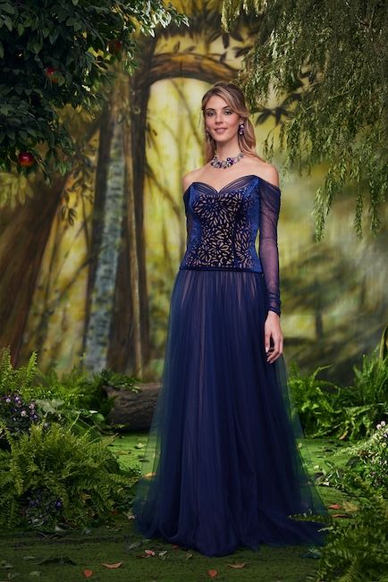 MIDNIGHT LASER CUT VELVET AND TULLE OFF-THE SHOULDER FULL SKIRT GOWN WITH LONG ILLUSION SLEEVES