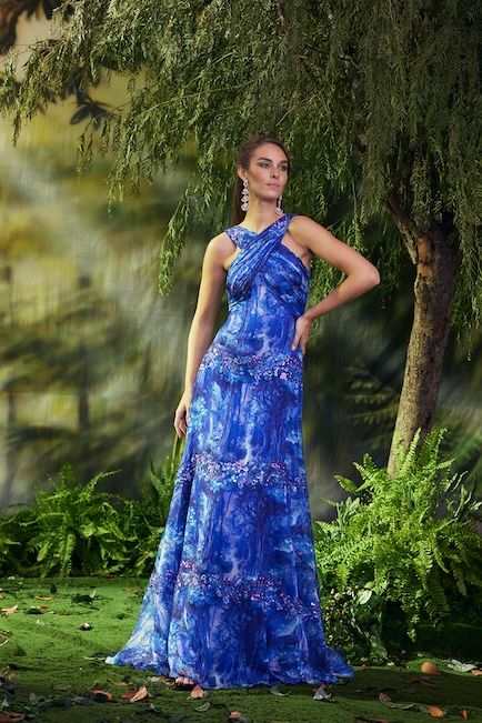 BLUE BELL WOODLAND PRINT CHIFFON HALTER GOWN WITH MICRO PAILLETTE EMBROIDERED APPLIQUE DETAIL