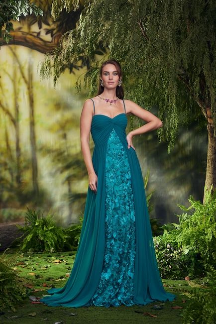 EMERALD WILDFLOWER EMBROIDERED TULLE AND DRAPED CHIFFON SLIP DRESS