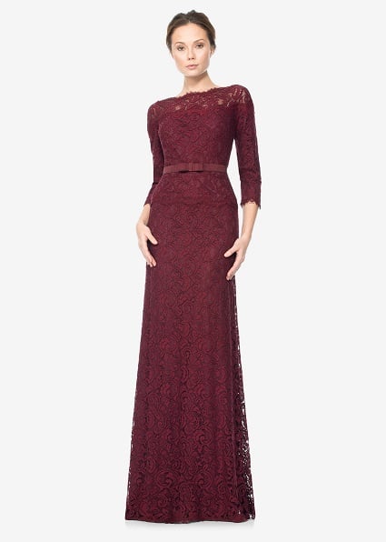 Illusion Lace ¾ Sleeve Gown with Grosgrain Ribbon Belt
