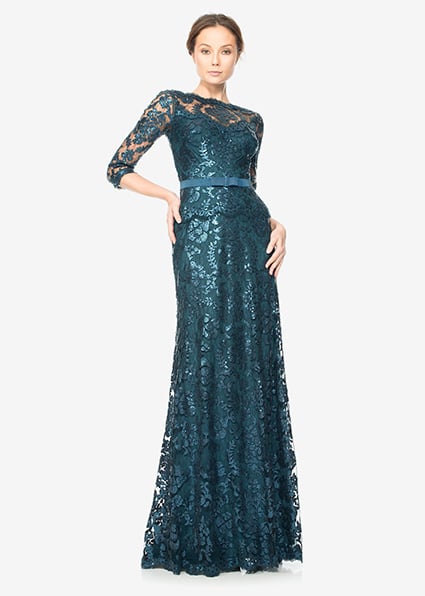 Paillette Embroidered Lace ¾ Sleeve Gown