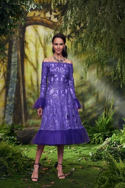 HYACINTH TIMBER PAILLETTE EMBROIDERED TULLE OFF-THE-SHOULDER TEA-LENGTH DRESS WITH LONG FLOUNCE SLEEVES