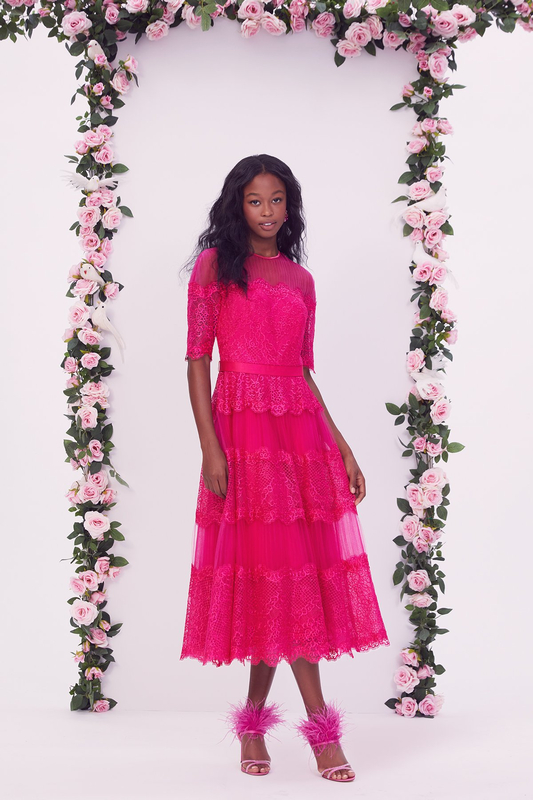 DAHLIA EMBROIDERED TULLE AND PLEATED TULLE ELBOW SLEEVE TIERED MIDI DRESS WITH PLEATED TULLE ILLUSION AND STRETCH RIBBON BELT