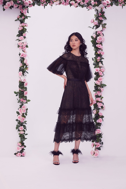 BLACK/NUDE EMBROIDERED TULLE AND PLEATED TULLE DROP SHOULDER FLUTTER SLEEVE TIERED MIDI DRESS WITH SEE-THROUGH HEM AND STRETCH RIBBON BELT