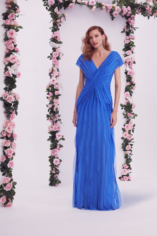 CADET BLUE CRINKLE CHIFFON BANDED V-NECK EXTENDED SHOULDER GOWN 