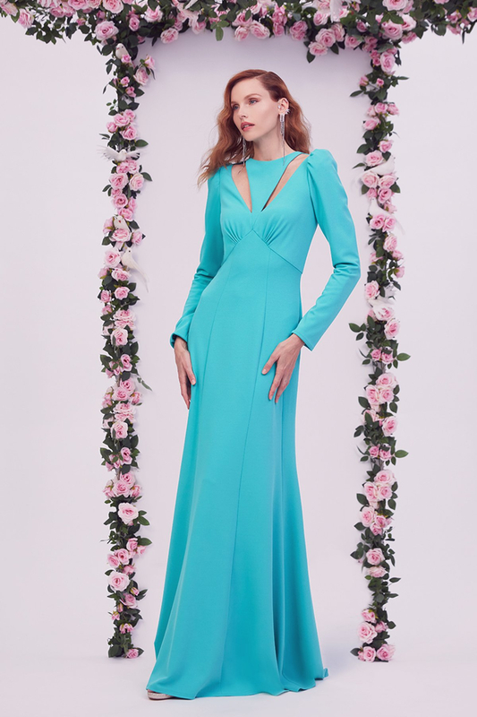 CARIBBEAN TEXTURED CREPE CUTOUT NECKLINE LONG PUFF SLEEVE GOWN WITH ANGLED WAIST AND GORED SKIRT