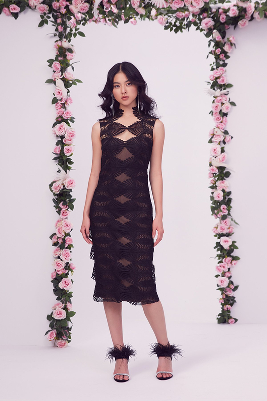 BLACK/NUDE FEATHER CROCHET LACE SLEEVELESS SHAPED COLLAR MIDI SHEATH DRESS