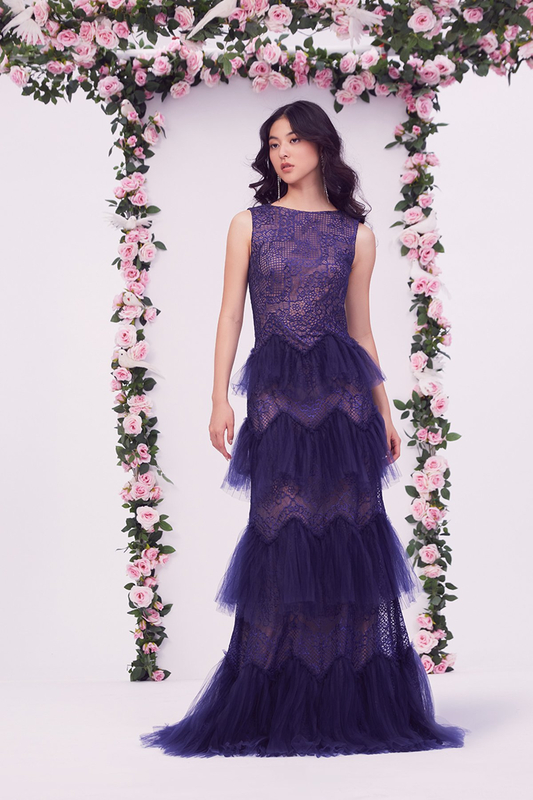 NAVY EMBROIDERED TULLE BOAT NECK SLEEVELESS GOWN WITH CHEVRON TULLE RUFFLES