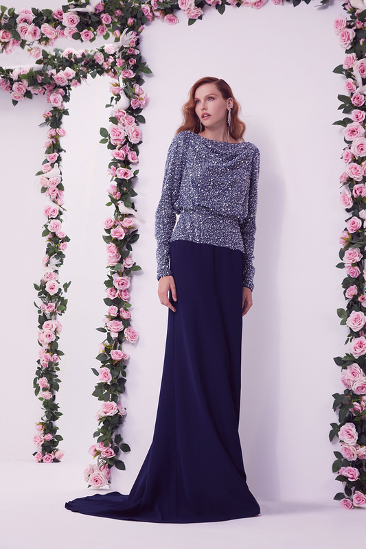 NAVY PEARL AND CRYSTAL BEADED TULLE WITH TEXTURED CREPE BOAT NECK LONG SLEEVE BLOUSON WAIST BACKLESS GOWN WITH TRAIN