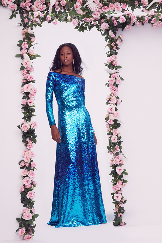 MYSTIC BLUE DEGRADÉ SEQUIN OFF-THE-SHOULDER LONG SLEEVE A-LINE GOWN