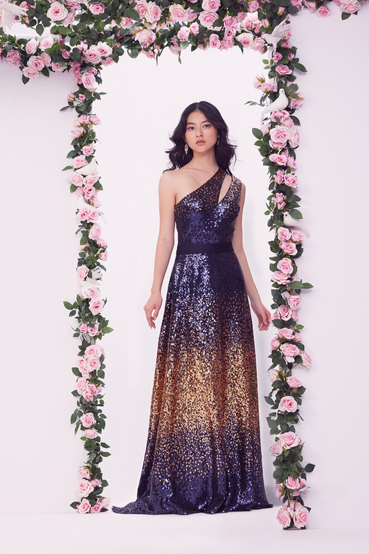 NAVY DEGRADÉ SEQUIN ONE-SHOULDER A-LINE GOWN WITH NECKLINE CUTOUT AND STRETCH RIBBON BELT