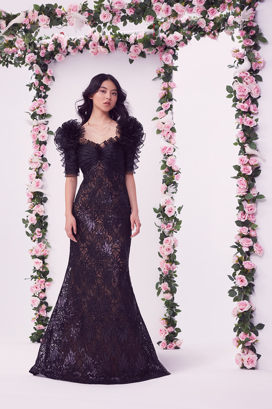 BLACK/NUDE PAILLETTE-EMBROIDERED TULLE MODIFIED A-LINE GOWN WITH STATEMENT ROSETTE RUFFLE ELBOW SLEEVES