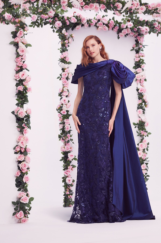 NAVY PAILLETTE-EMBROIDERED TULLE AND TAFFETA MODIFIED A-LINE GOWN WITH STATEMENT DRAPED SASH 