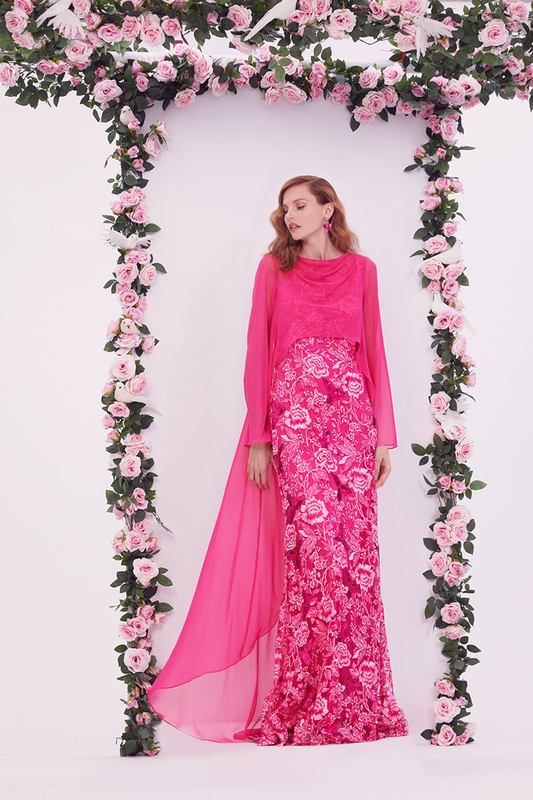 BLOSSOM DOVE PAILLETTE EMBELLISHED FLORAL EMBROIDERED TULLE MODIFIED A-LINE GOWN WITH CHIFFON LONG SLEEVE DRAPED HIGH-LOW OVERLAY 