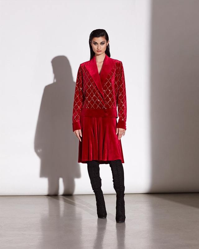 LAVA RED IRIDESCENT DIAMANTÉ STRETCH VELVET LONG SLEEVE COLLAR JACKET PAIRED WITH MATCHING STRETCH VELVET SLIP DRESS