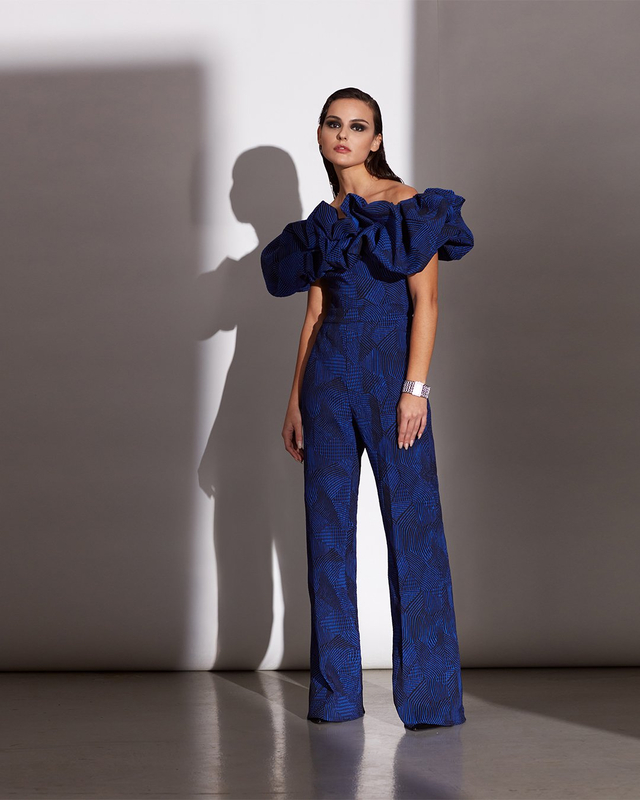 MARINA BLUE RIBBED GEO JACQUARD PUFF RUFFLE OFF-THE-SHOULDER JUMPSUIT