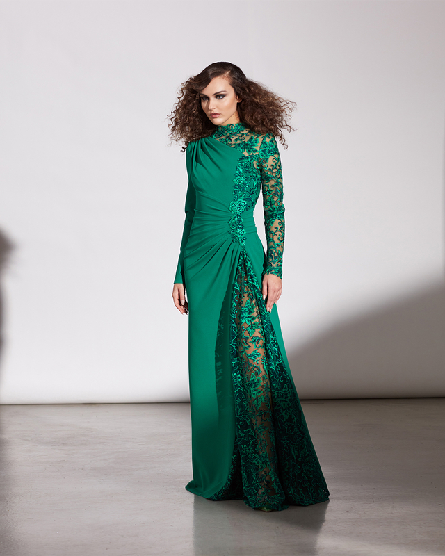 PINE CREPE AND EMBROIDERED TULLE LONG SLEEVE DRAPED GOWN WITH STAND-UP COLLAR