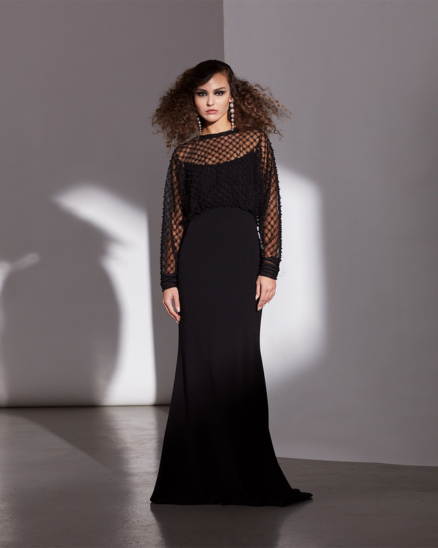 BLACK CREPE GOWN WITH PEARL-EMBELLISHED SMOCKED TULLE DOLMAN SLEEVE OVERLAY
