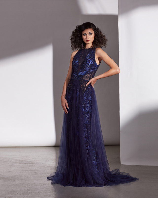 NAVY LACE PATCHWORK ILLUSION GOWN WITH TULLE SKIRT OVERLAY