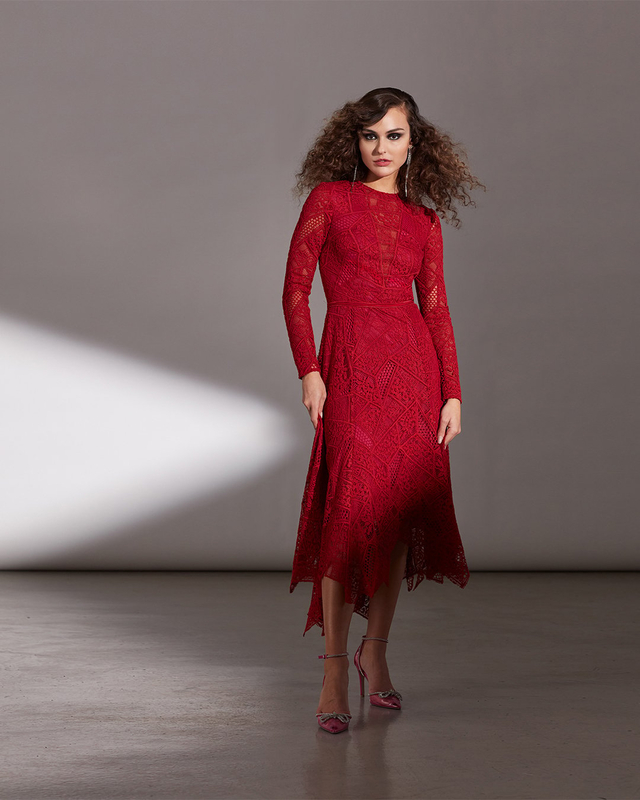 LAVA RED LACE PATCHWORK LONG SLEEVE DRESS WITH FLARED HANDKERCHIEF HEM