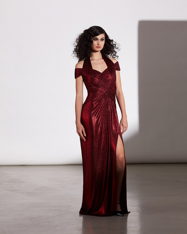 LAVA RED METALLIC JERSEY HALTER CAP SLEEVE DRAPED GOWN WITH HIGH SLIT
