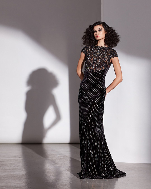 BLACK IRIDESCENT DIAMANTÉ STRETCH VELVET AND CORD-EMBROIDERED TULLE CAP SLEEVE GOWN WITH CRYSTAL EMBELLISHMENT