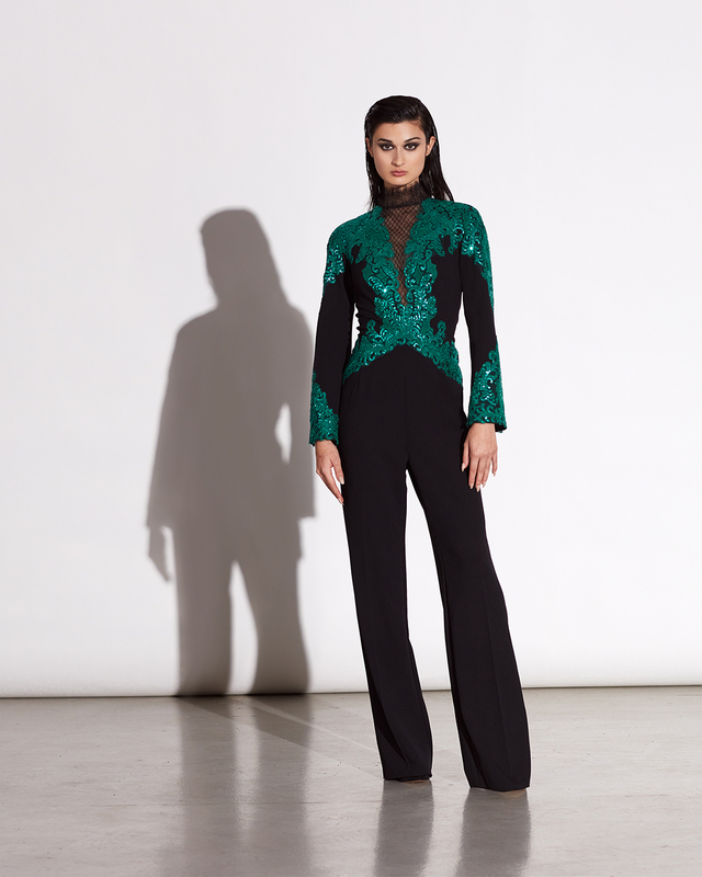 PINE/BLACK PAILLETTE EMBROIDERED TULLE AND TEXTURED CREPE LONG SLEEVE JUMPSUIT