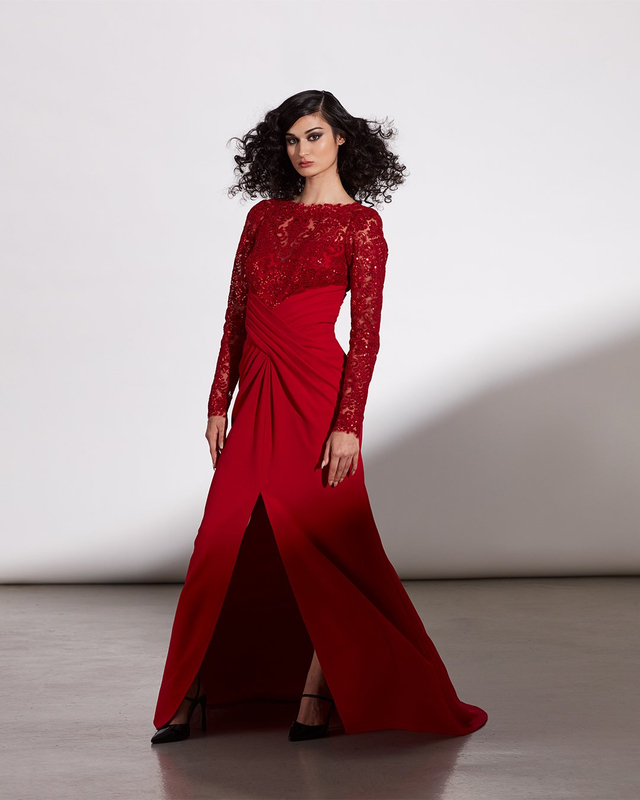 LAVA RED PAILLETTE EMBROIDERED TULLE AND TEXTURED CREPE BOATNECK LONG SLEEVE GOWN WITH HIGH SLIT