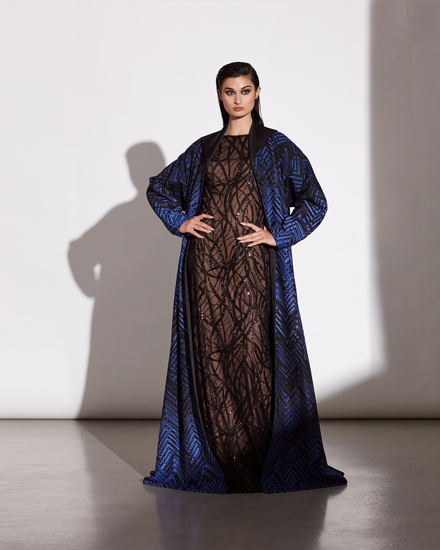 MARINA/BLACK CHEVRON JACQUARD EVENING COAT PAIRED WITH  BLACK/NUDE BUGLE BEAD EMBROIDERED TULLE CAP SLEEVE GOWN