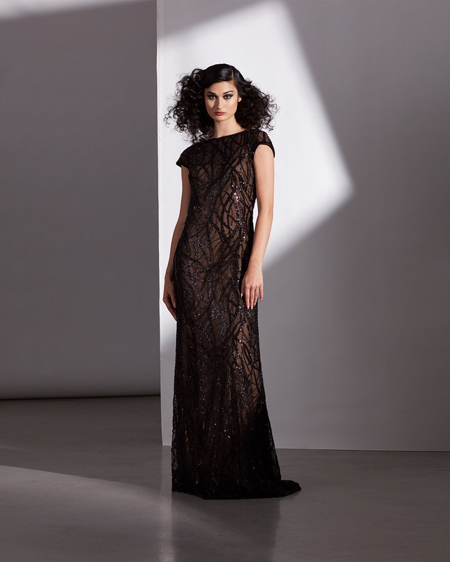 BLACK/NUDE BUGLE BEAD EMBROIDERED TULLE CAP SLEEVE GOWN