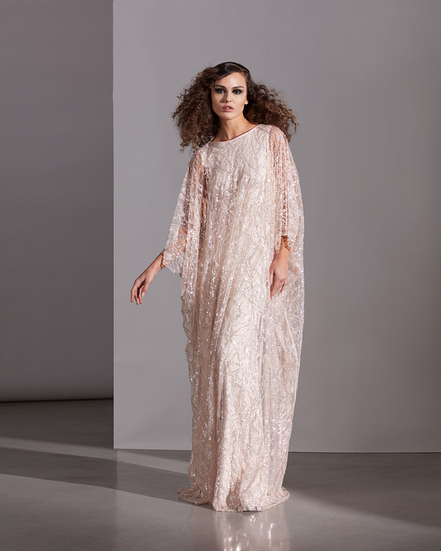 ANTIQUE PINK BUGLE BEAD EMBROIDERED TULLE KAFTAN GOWN