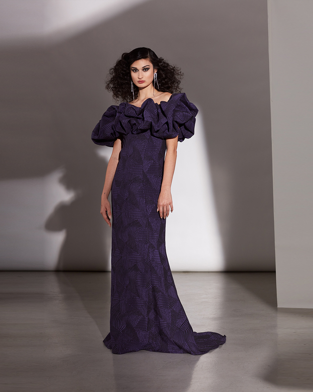 GARNET RIBBED GEO JACQUARD PUFF RUFFLE OFF-THE-SHOULDER GOWN