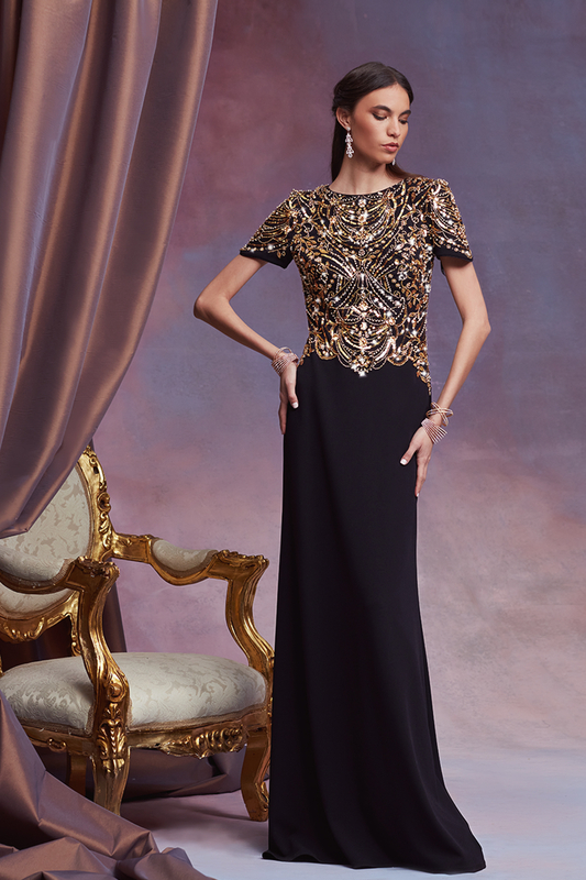 GOLD/BLACK PAILLETTE AND BEAD-ENCRUSTED TEXTURED CREPE SHORT SLEEVE GOWN