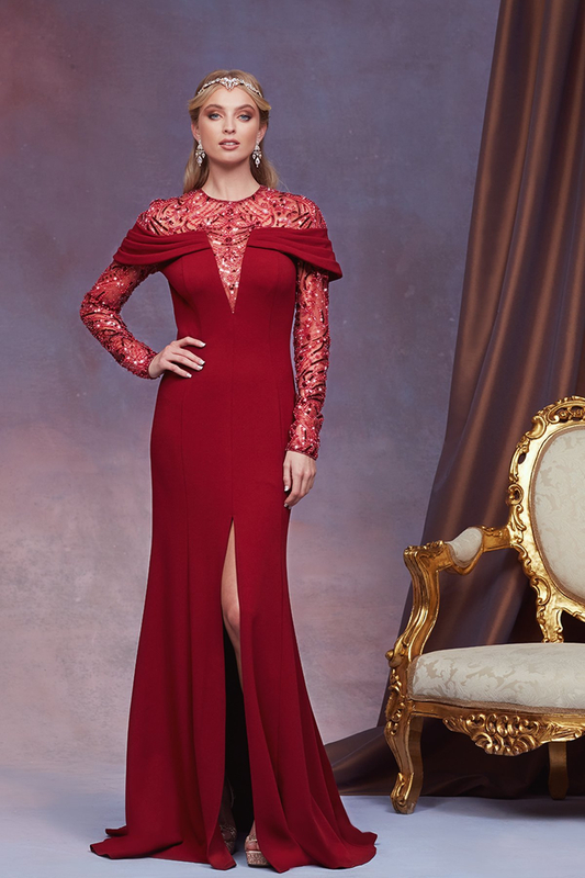 POMEGRANATE PAILLETTE AND BEAD-ENCRUSTED TULLE AND TEXTURED CREPE LONG SLEEVE ILLUSION GOWN WITH FRONT SLIT