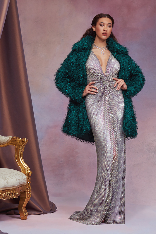 FOREST GREEN EYELASH YARN EVENING COAT WORN OVER A SMOKE PEARL DIAMANTE TULLE V-PLUNGE LONG SLEEVE TWIST-DRAPE GOWN